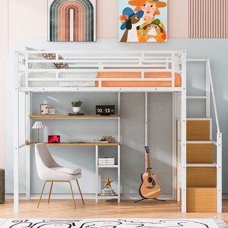 Full Size Metal Loft Bed with Wardrobe, Desk, Storage Shelves