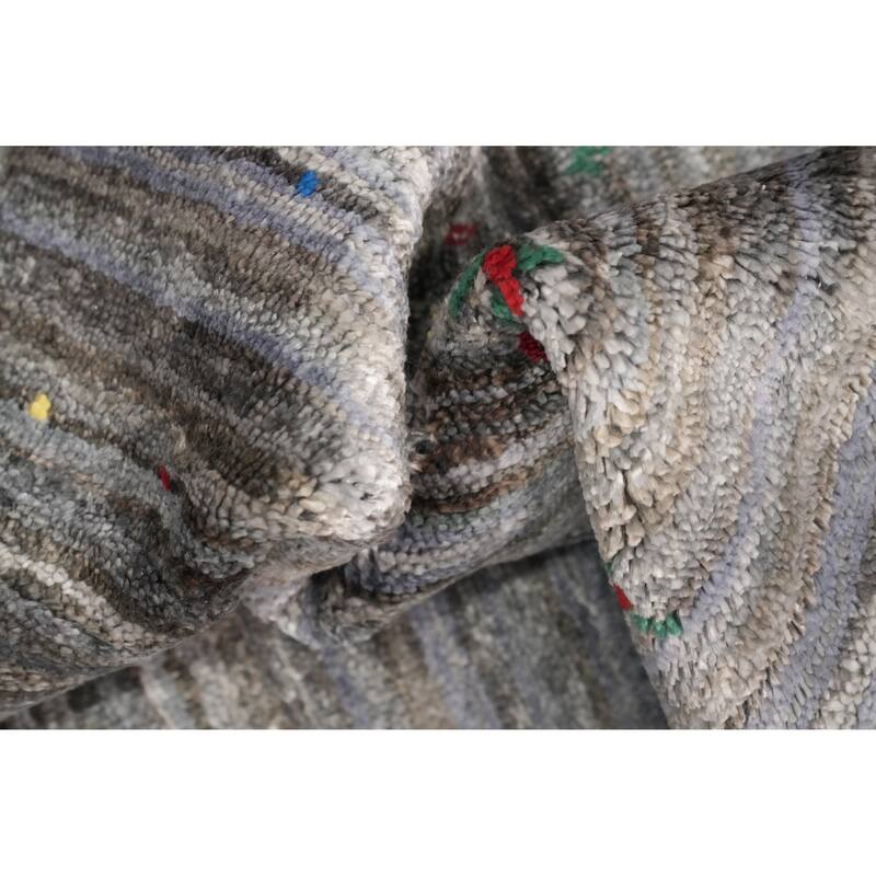 Hand Knotted Oriental Viscose Silk Carpet Tribal Animal Pictorial Greys & Charcoal Gabbeh Runner Rug - 8' 9'' X 2' 7''