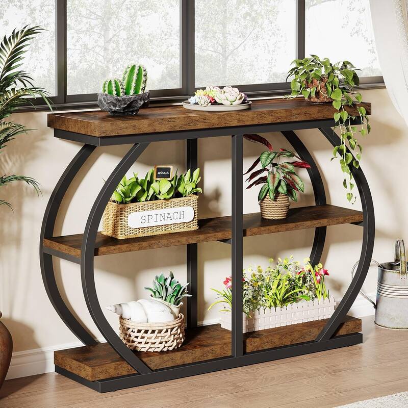 41.3 Inches Brown Wooden Entryway Table, 3-Tier Industrial Hallway Table with Storage for Living Room