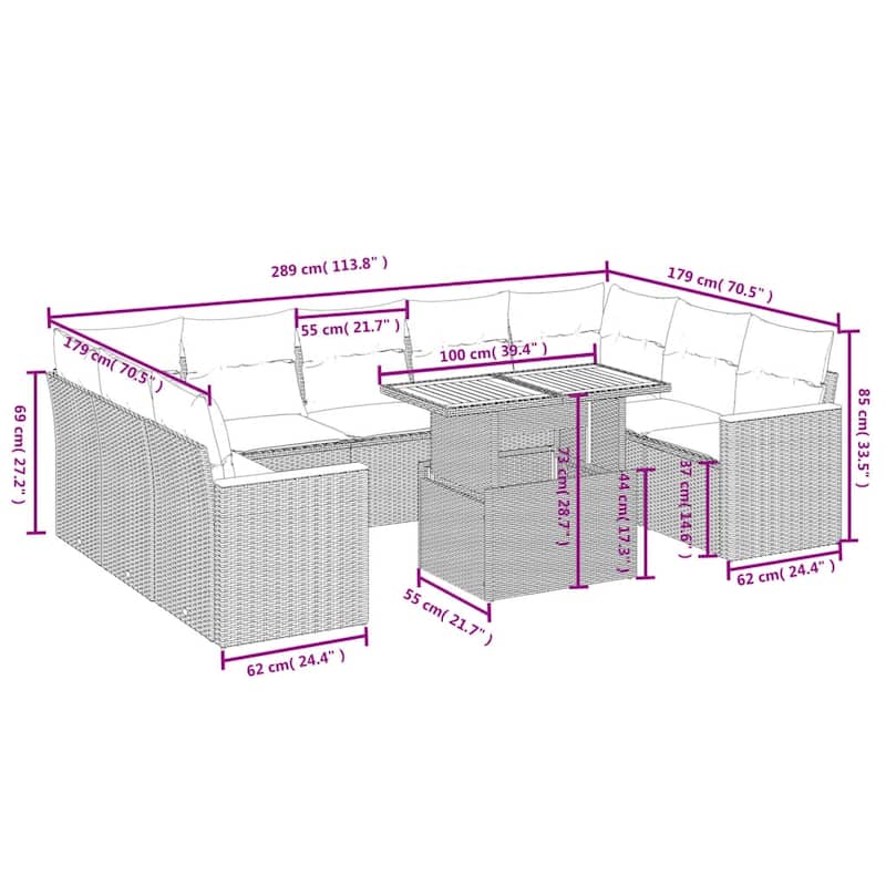 vidaXL Garden Sofa Set Black and Cream White - 21.7 x 39.4 x 28.7