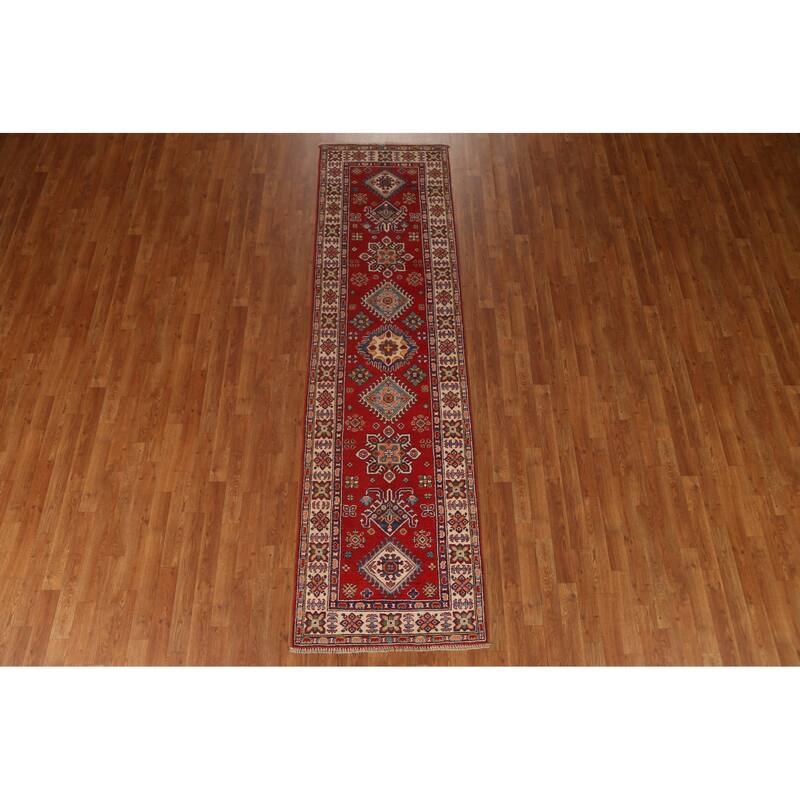 Red Geometric Kazak Oriental Wool Runner Rug Handmade Hallway Carpet - 2'8" x 9'9"