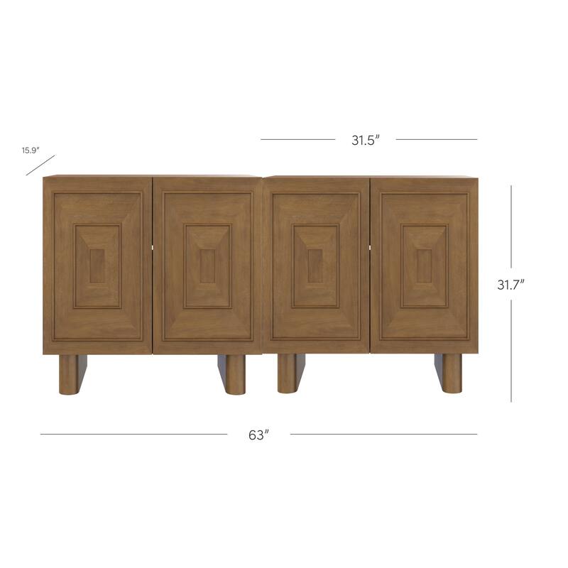 Austin Mid Century Modern Solid Wood Bar Cabinet or Dining Room Buffet with Geometric Doors