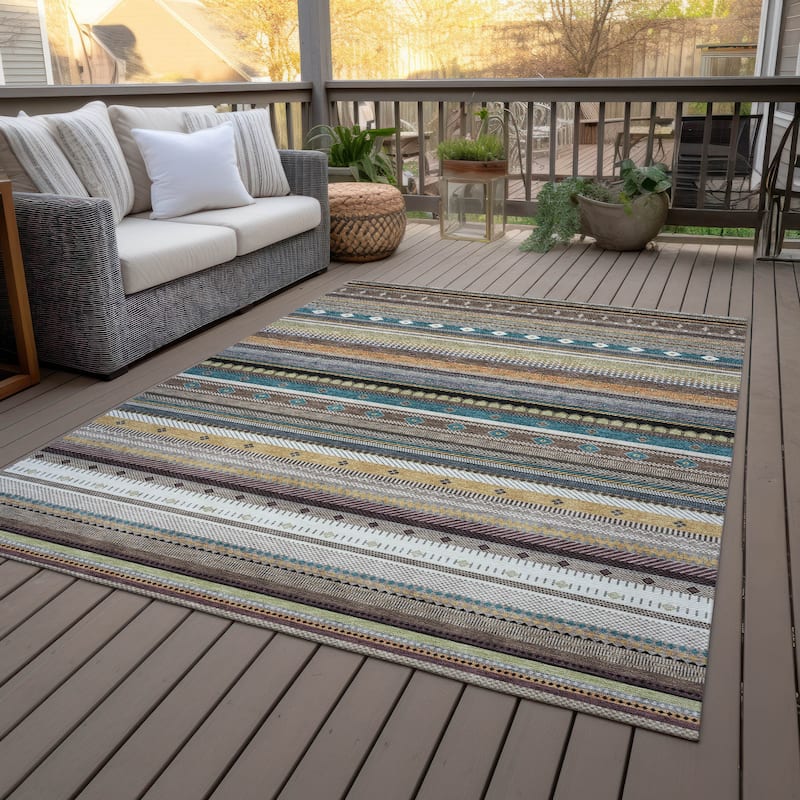 Machine Washable Indoor/Outdoor Boho Stripes Chantille Rug