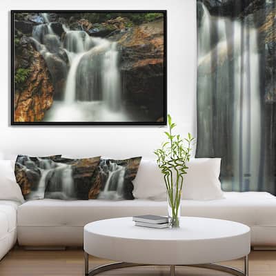Designart "Slow Motion Waterfall on Rocks" Landscape Framed Canvas Art Print