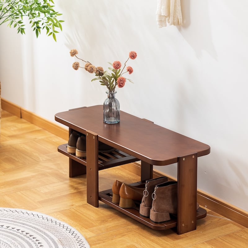 2-Tier Wood Shoe Rack Bench, Shoe Storage Organizer, Entryway Bench