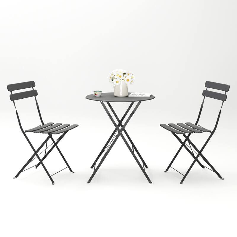 3 Piece Steel Patio Bistro Set, Outdoor Round Folding Table with 2 Slat Patio Folding Chairs - Grey