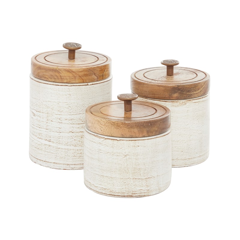 Ceramic Decorative Jars with Wood Lids - Set of 3 White - Roche River Decor - 6"W x 5"L x 8"H