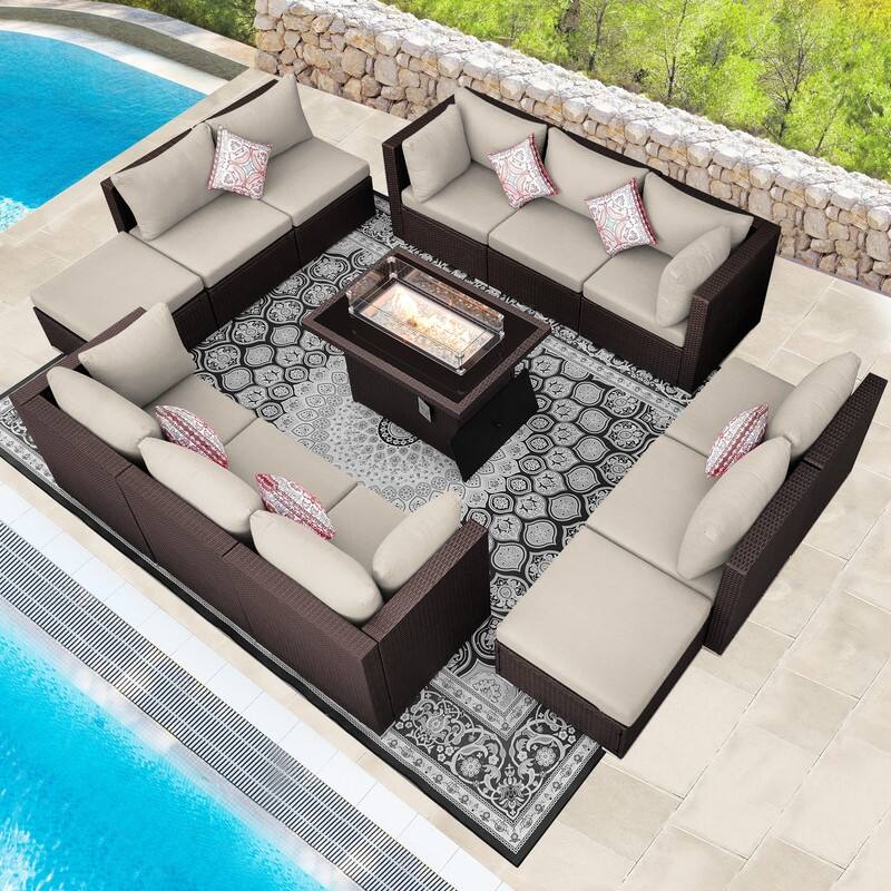 13-Piece Outdoor Wicker Patio Sectional Conversation Set with 43" CSA Fire Pit Table - Beige