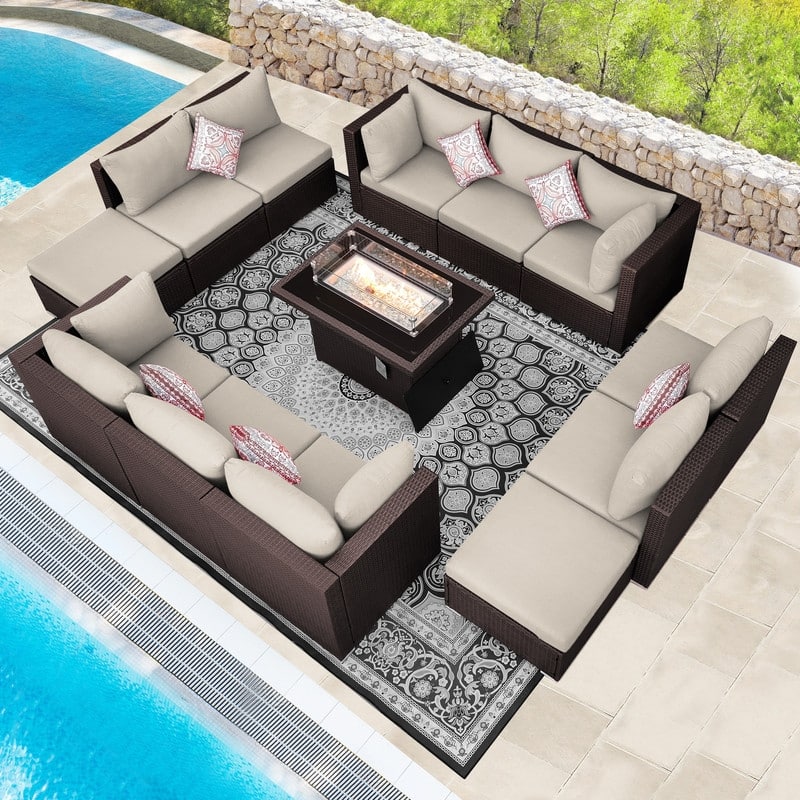 13-Piece Outdoor Wicker Patio Sectional Conversation Set with 43" CSA Fire Pit Table
