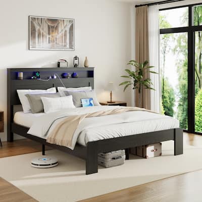 Wood Platform Bed Frame King Size with Storage LED Light Headboard and 2 USB,No Box Spring Needed,Large Under Bed Storage