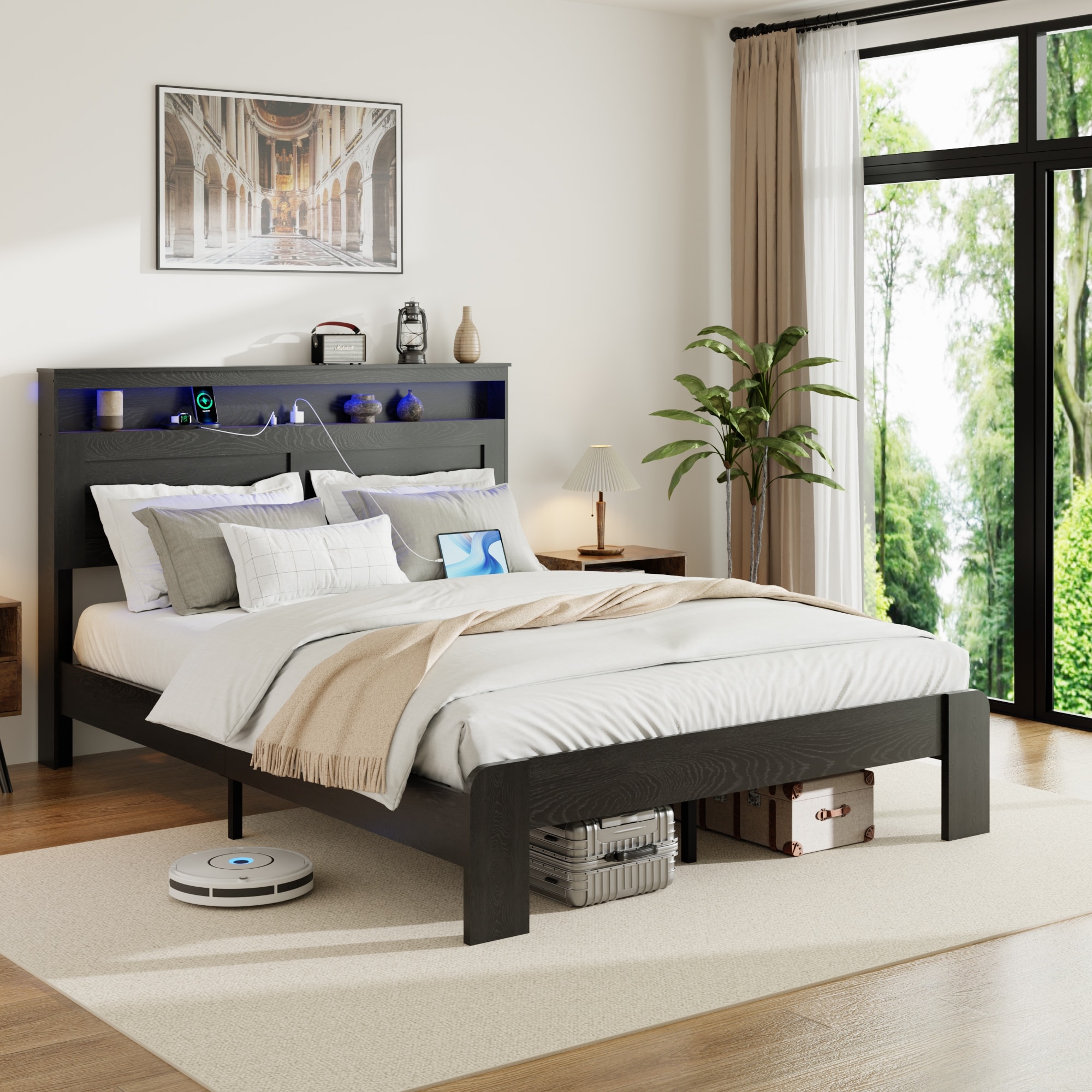 Wood Platform Bed Frame with Storage Headboard Built-in LED Light and 2 USB Ports, Low Profile Bed with Metal Slats Support