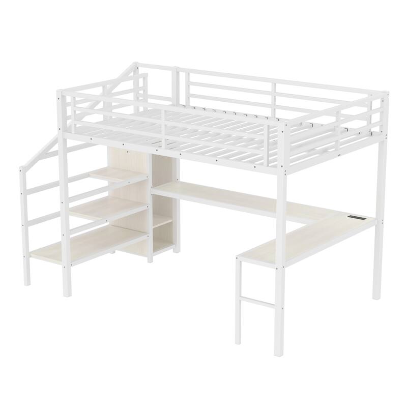 Roomfitters Queen Size Metal Loft Bed with L-Shaped Desk, USB Ports, LED Lighting & Adjustable Shelves