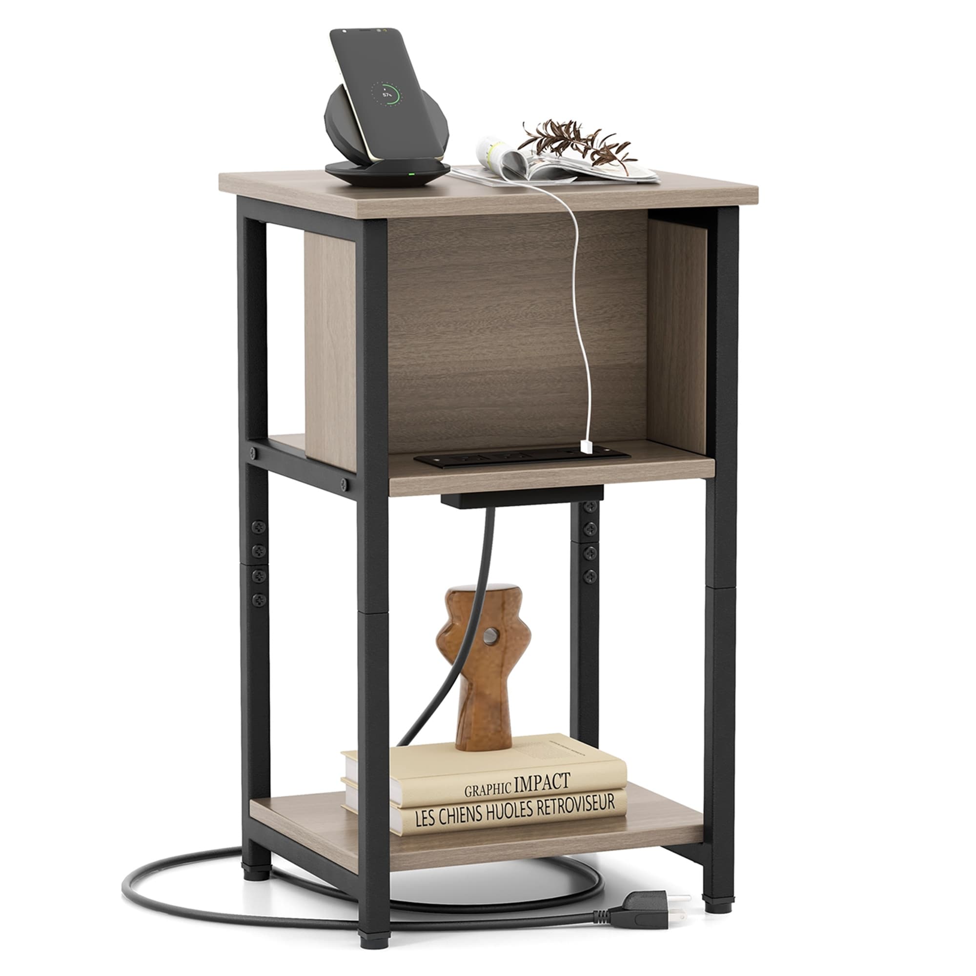 Costway 1/2 PCS Nightstand 3-Tier End Table with Charging Station USB