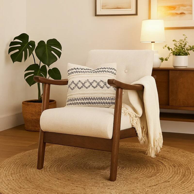 Accent Armchair, Soft Button Tufted Beige Fabric, Dark Brown Wood