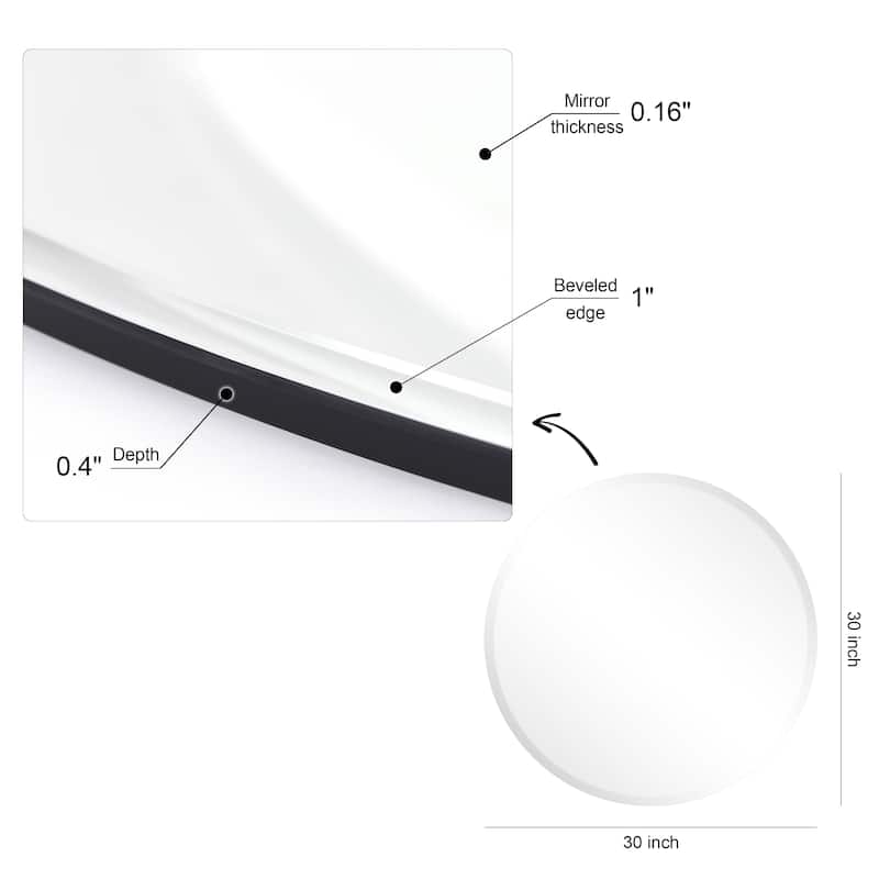 Unframed Beveled Round Wall Mirror, Bedroom, Bathroom Mirror, Vanity, Ready to Hang - 30 in. x 0.39 in. x 30 in.