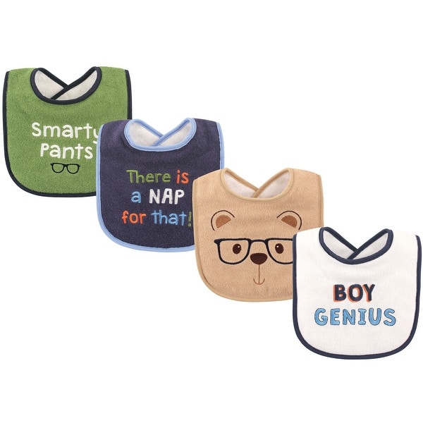 slide 1 of 1, Luvable Friends Baby Boy Cotton Drooler Bibs with Fiber Filling 4pk, Genius, One Size - Genius - One Size