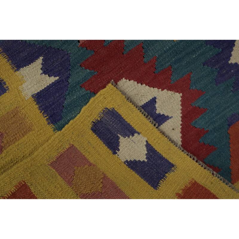 Hand Woven Oriental 100% Wool Carpet Southwestern Geometric Navy Blue & Blues Kilim Runner Rug - 12' 9'' X 3' 6''