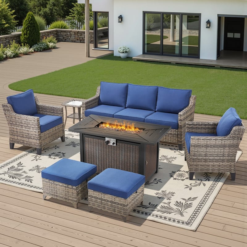 Glissia 7-Piece Gray Wicker Fire Pit Conversation Set with Wicker fire pit