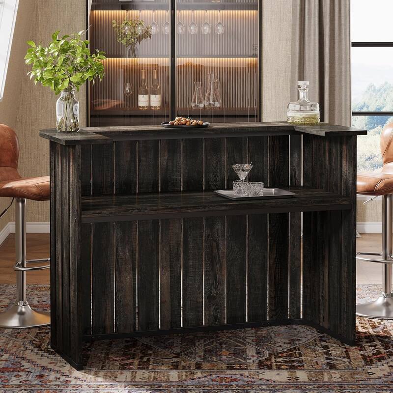 63" U-Shaped Home Bar Unit, Modern Farmhouse Bar Table with 2-Tier Shelves - 62.99" L x 23.62" W x 43.89" H