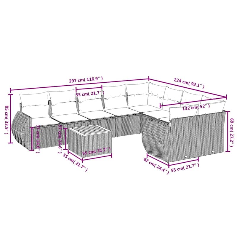 vidaXL 10 Piece Patio Sofa Set with Cushions Black Poly Rattan - 24.4 x 24.4 x 27.2