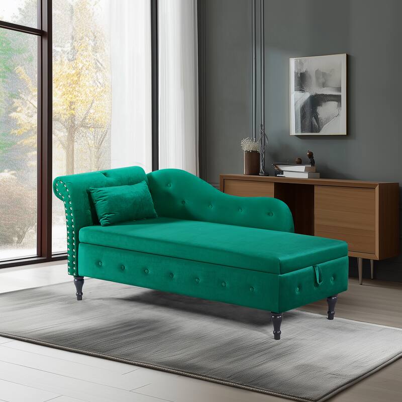 60" Velvet Multifunctional Storage Chaise Lounge Buttons Tufted Nailhead Trimmed Solid Wood Legs with 1 Pillow - Green