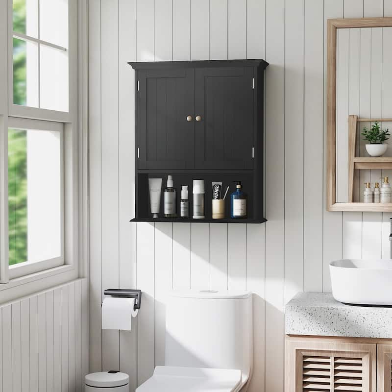 Wall Mounted MDF Bathroom Storage Cabinet with Doors and Shelf Organizer Ideal for Small Spaces - 23.5" x 7.5" x 28" (L x W x H) - Black