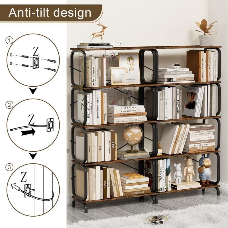 5-Tier Rustic Brown Bookcase, Vintage Industrial Storage Shelf for Home & Office