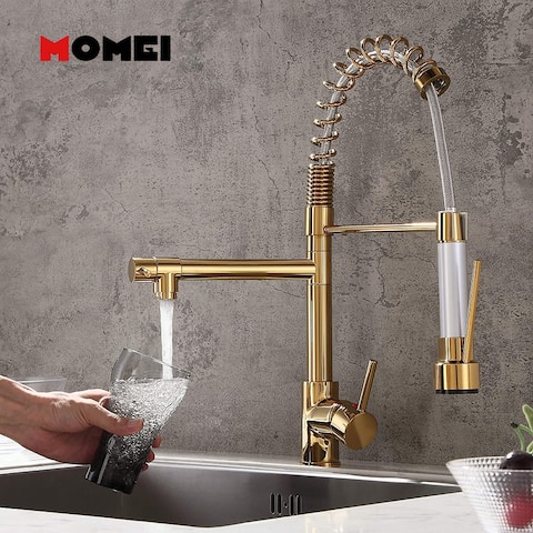 Luxury Single Hole Pull Out Spring Sprayer Dual Spout Kitchen Faucet - 7'9" x 10'10"