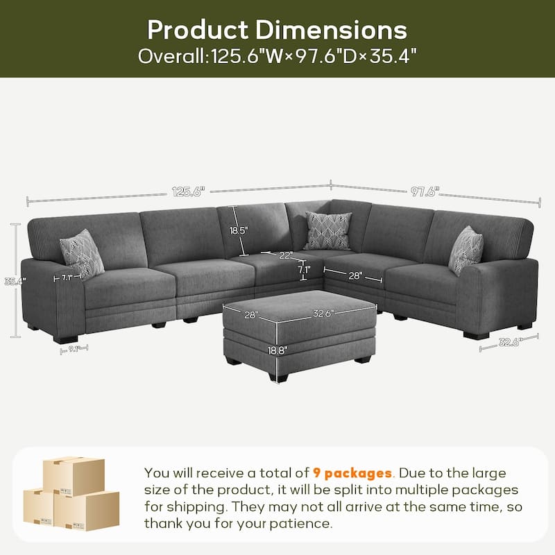7 Piece Modular Corduroy Sectional With Ottoman