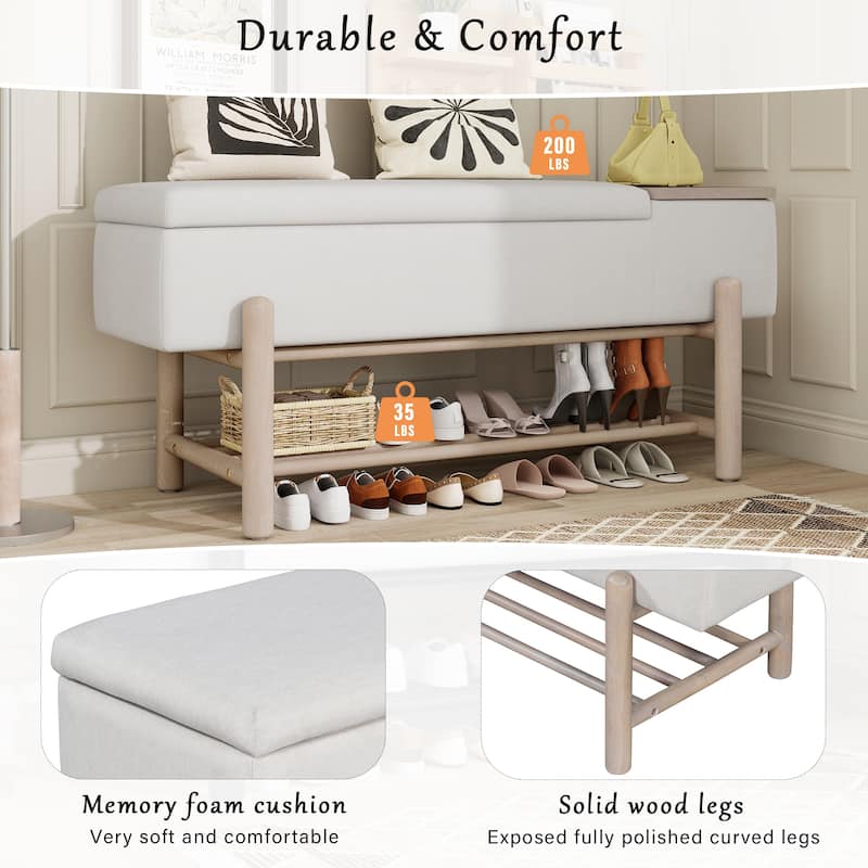 Farmhouse Upholstered Storage Bench with Hidden Compartment, Modern Entryway Bench for Living Room, Entryway, and Hallways