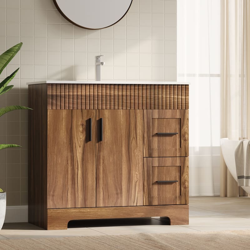EROMMY Bathroom Vanity with Sink and Faucet, Freestanding Vanity Cabinet with Drawers & Doors, White Ceramic Top - 36'' - Walnut