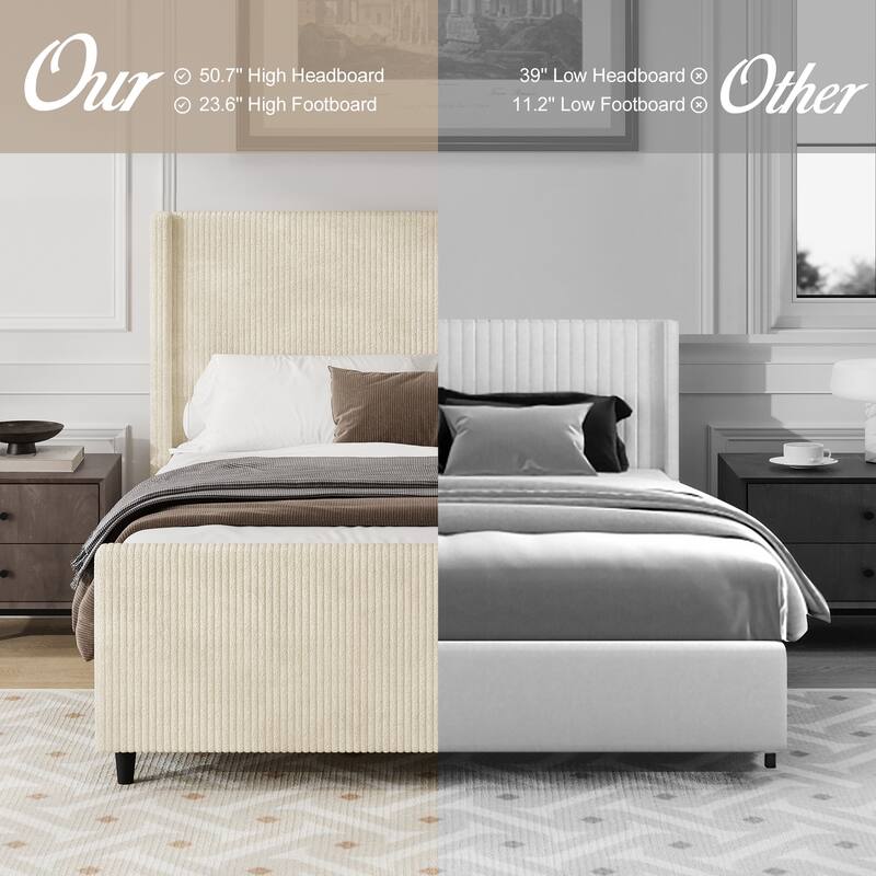50.7'' High Headboard Corduroy Upholstered Bed Frame