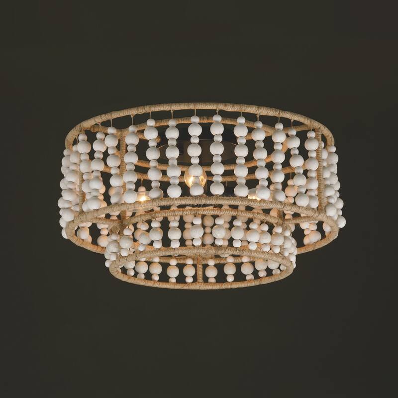 Acroma Boho 3-Light Bohemia Style Ceiling Lamp Drum Wood Beaded Flush Mount Ceiling Light