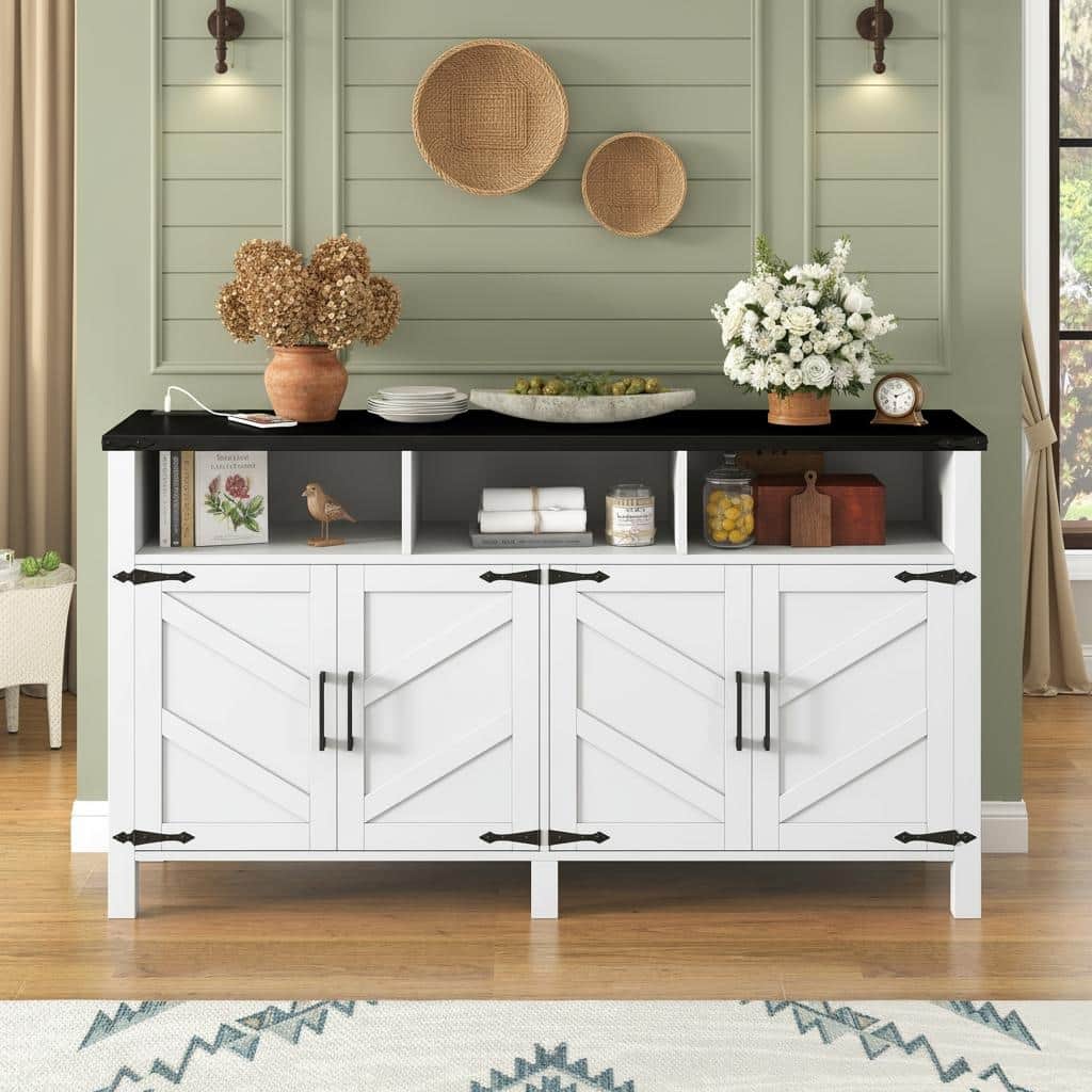 Farmhouse 4-Door Buffet Cabinet with Power Outlets, USB Ports & Adjustable Shelves by Harper&Bright Designs