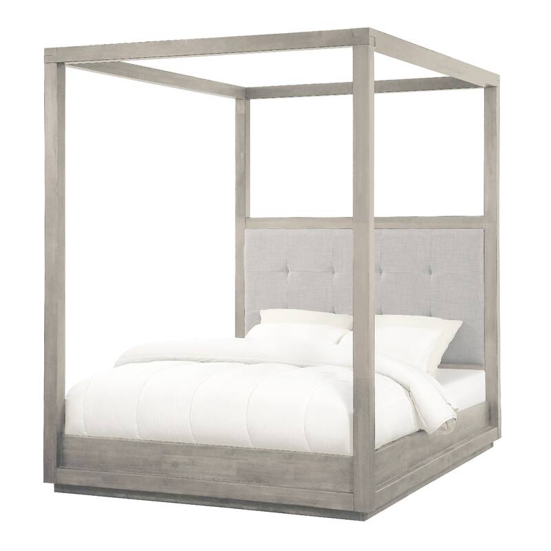 Kim Upholstered Solid Acacia Wood Platform Canopy Queen Bed, Heather Gray