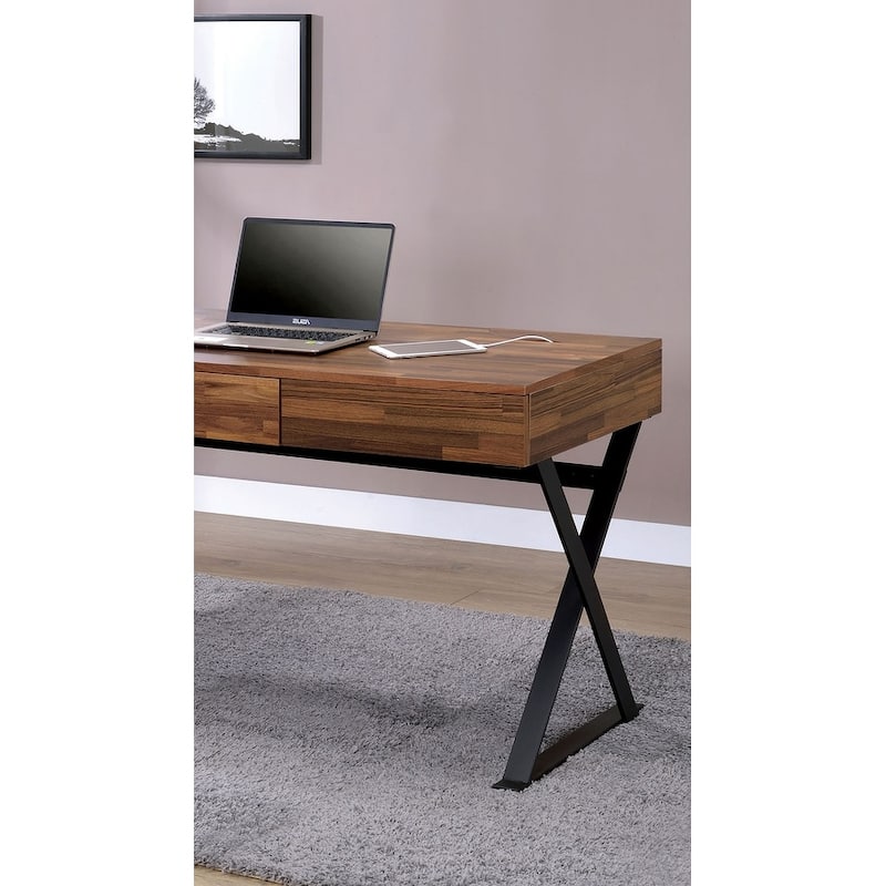 GDFStudio - Ethan Industrial Computer Desk with X-Cross Legs, Three Storage Drawers, USB and Power Outlets