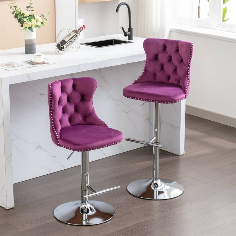2 Piece Adjustable Swivel Velvet Upholstered Barstool with Chrome Base