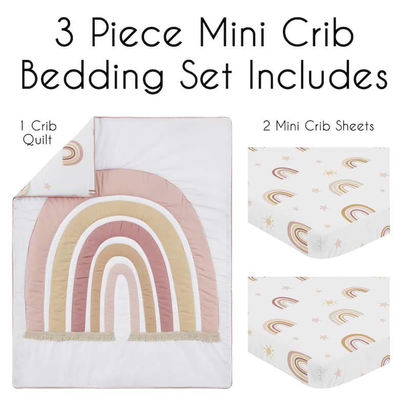Sweet Jojo Designs Boho Rainbow Girl 3pc Mini Crib Bedding Set Blush Dusty Rose Bohemian Modern Neutral Vintage Gold Mauve Beige