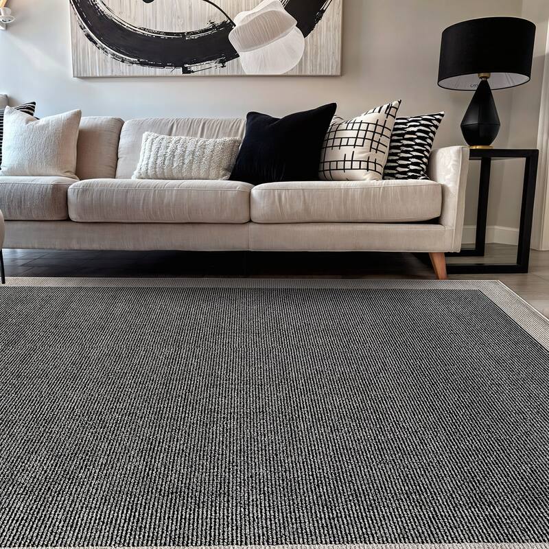 Modern Geometric Stripe Bordered Area Rug for Living Room, Bedroom, or Entryway - Low Pile Indoor Rug - Black - 5' x 7'