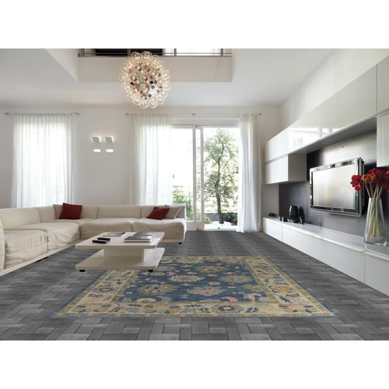 Hand Knotted Oriental 100% Wool Carpet Transitional All-Over Navy Blue & Blues Oushak Area Rug - 11' 10'' X 9' 5''