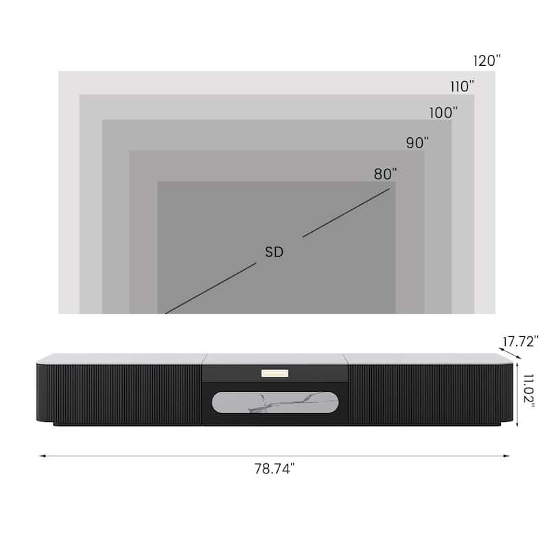 Modern TV Stand for Projector, Sintered Stone TV Cabinet with Drawers for Home Theater, Oak Veneer MDF, Black & White