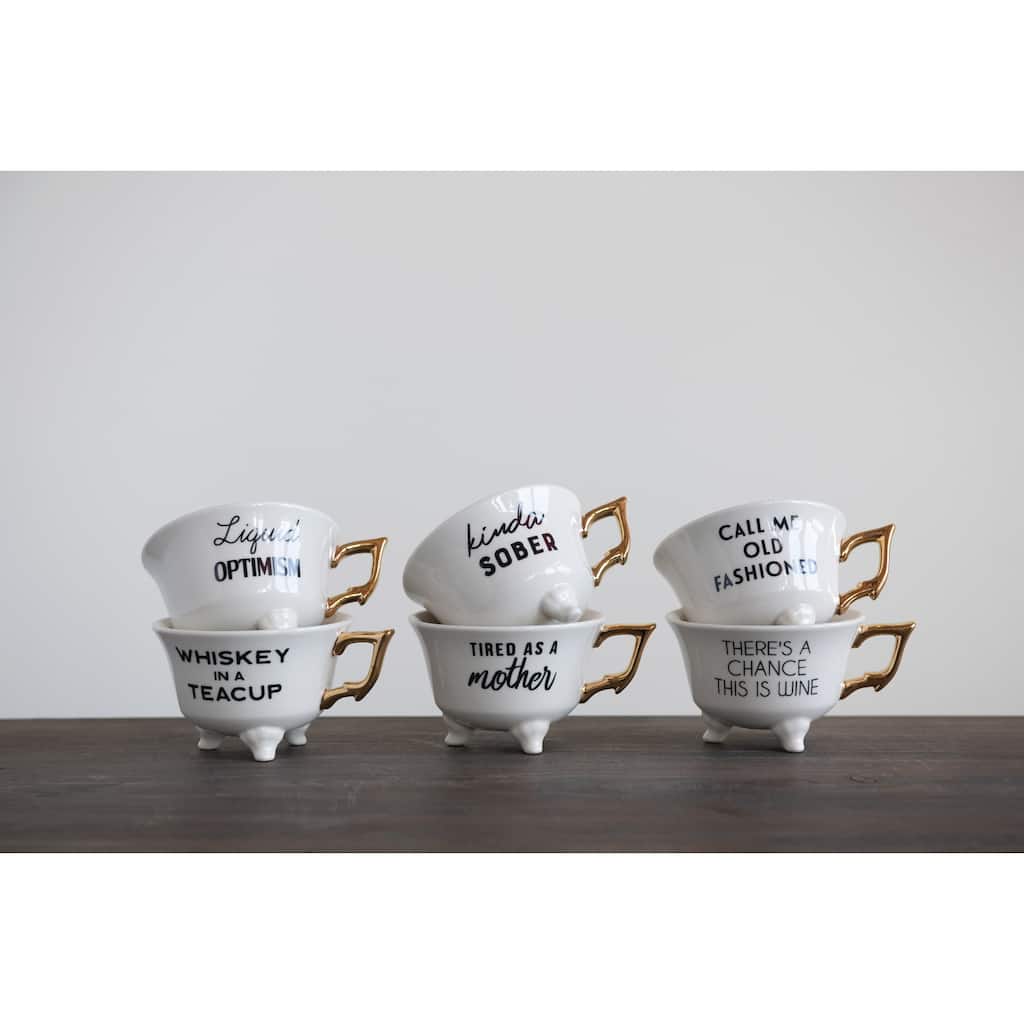 Stoneware Footed Teacup with Saying and Gold Electroplating, Set of 6 Styles