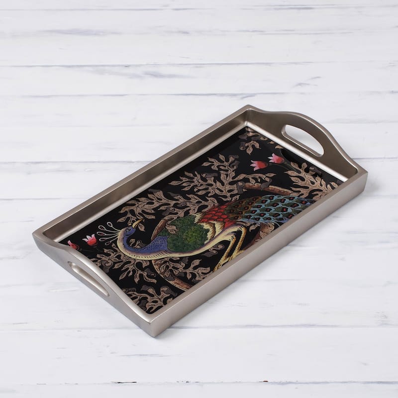 Novica Handmade Peacock Charm In Silver Reverse-Painted Glass Tray (12 Inch)