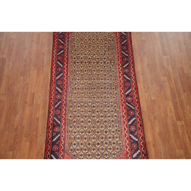 Hand Knotted Oriental 100% Wool Carpet Traditional Geometric Brown Koliaei Runner Rug - 9' 4'' X 3' 9''