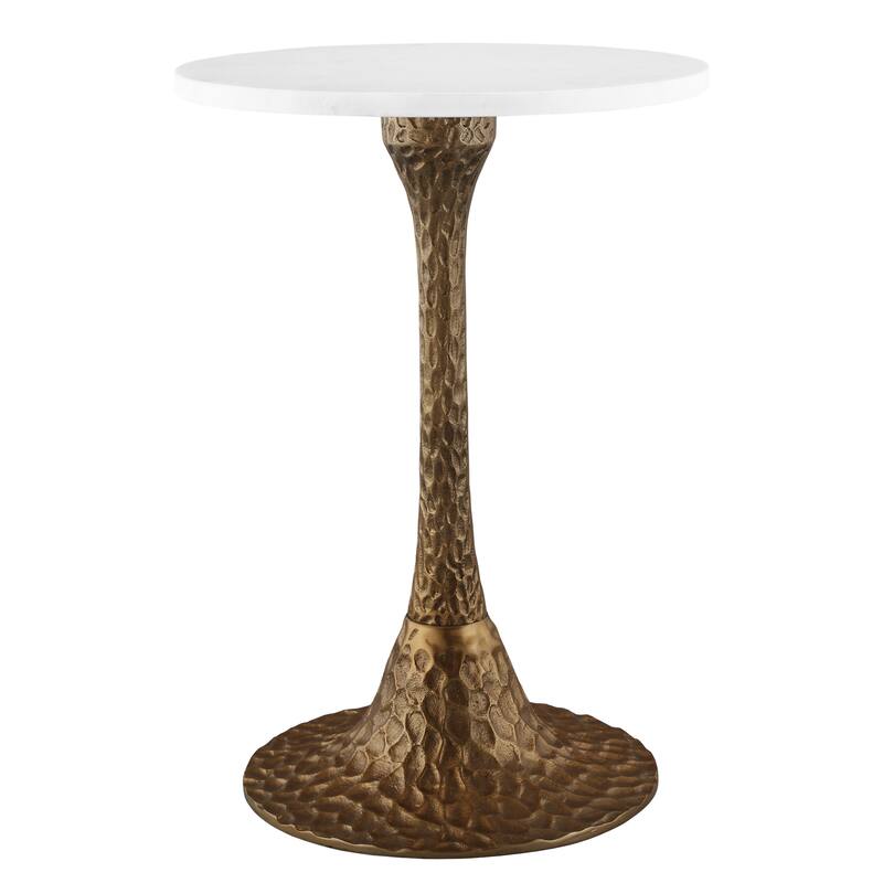 Tyler 20.5 Inch Accent Side Table Round White Marble Top, Antique Brass, Hammered Pedestal Base