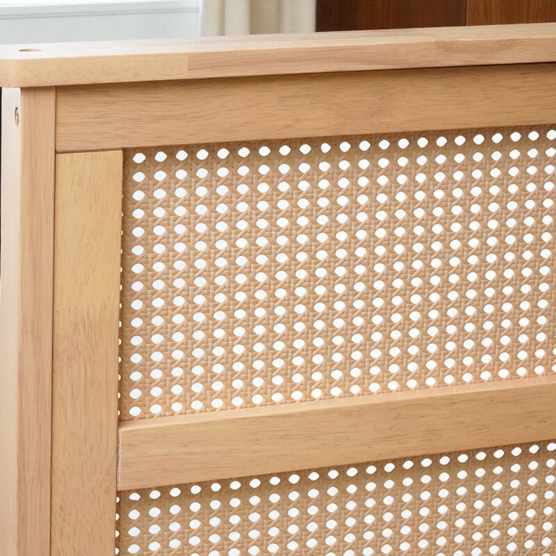 Full/King Size Rubber Wood Bed with Rattan Headboard and 2 Storage Drawers, Solid Frame with Reinforced Support Slats and Feet