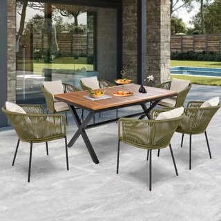 7-Pieces Outdoor Dining Set with Chairs and Acacia Wood Tabletop, for Garden, Backyard, Patio