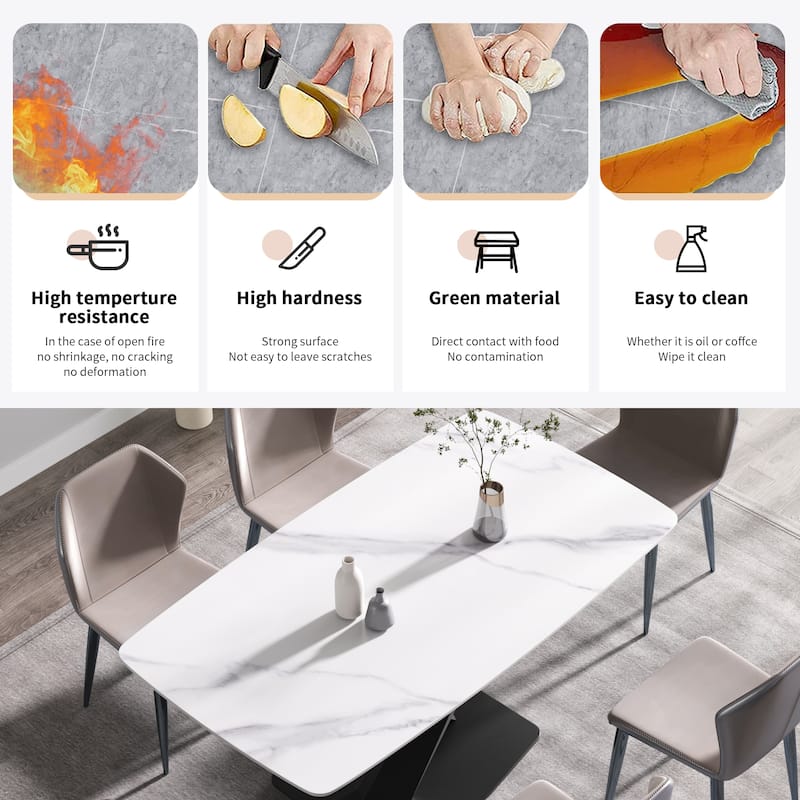 70.87"Modern artificial stone white curved black metal leg dining table-can accommodate 6-8 people