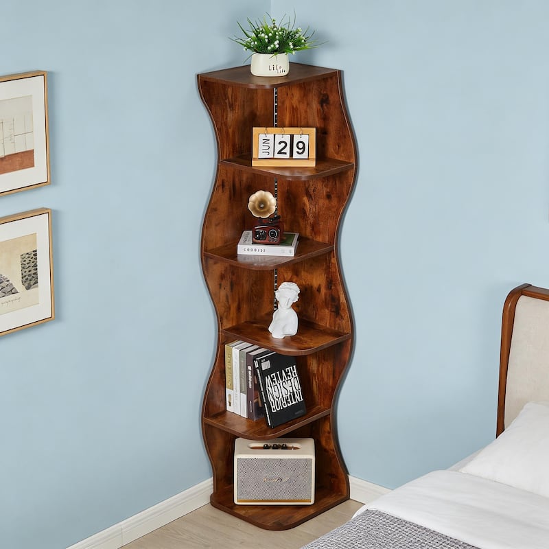 Javlergo 5-Tier Corner Bookshelf with LED Light Strip Seagrass Wave Design Tall Corner Bookcase with Lights for Living Room