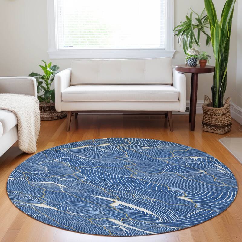 Machine Washable Indoor/ Outdoor Abstract Crackle Chantille Rug - Blue - 8' x 8'